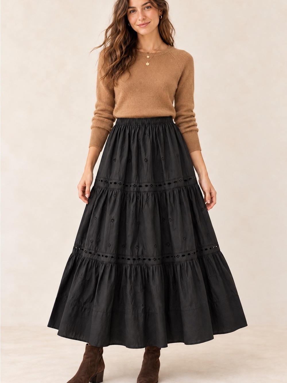 Jennifer & Grace Black Boho Tiered Eyelet Maxi Skirt 100% Cotton Size S